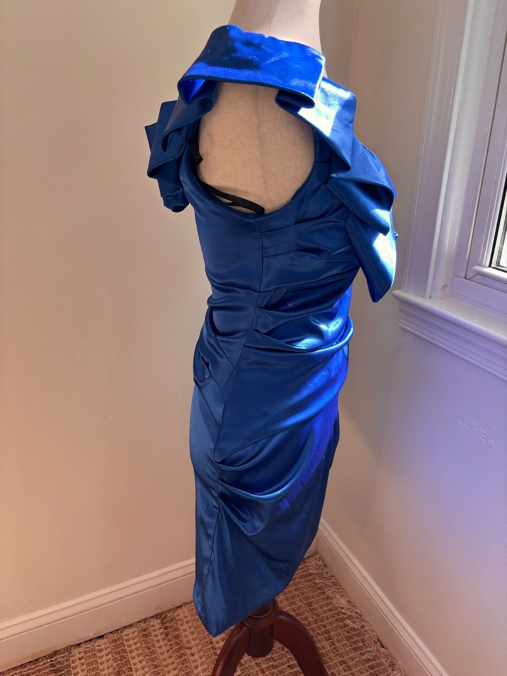 NWT Blue Satin One Shoulder Ruffle Cocktail Dress Ruched Mini - Picture 2 of 4